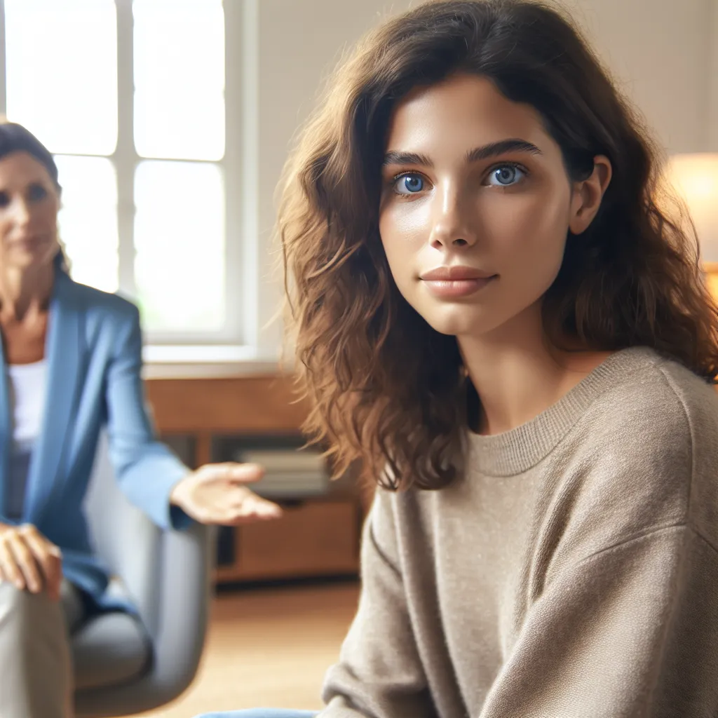 Young client facing the viewer in a room with her therapist who stretches her hand out.