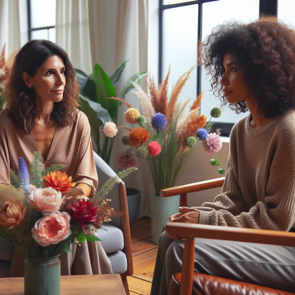 Counselor and client during session in an office space that is warm, and inviting.