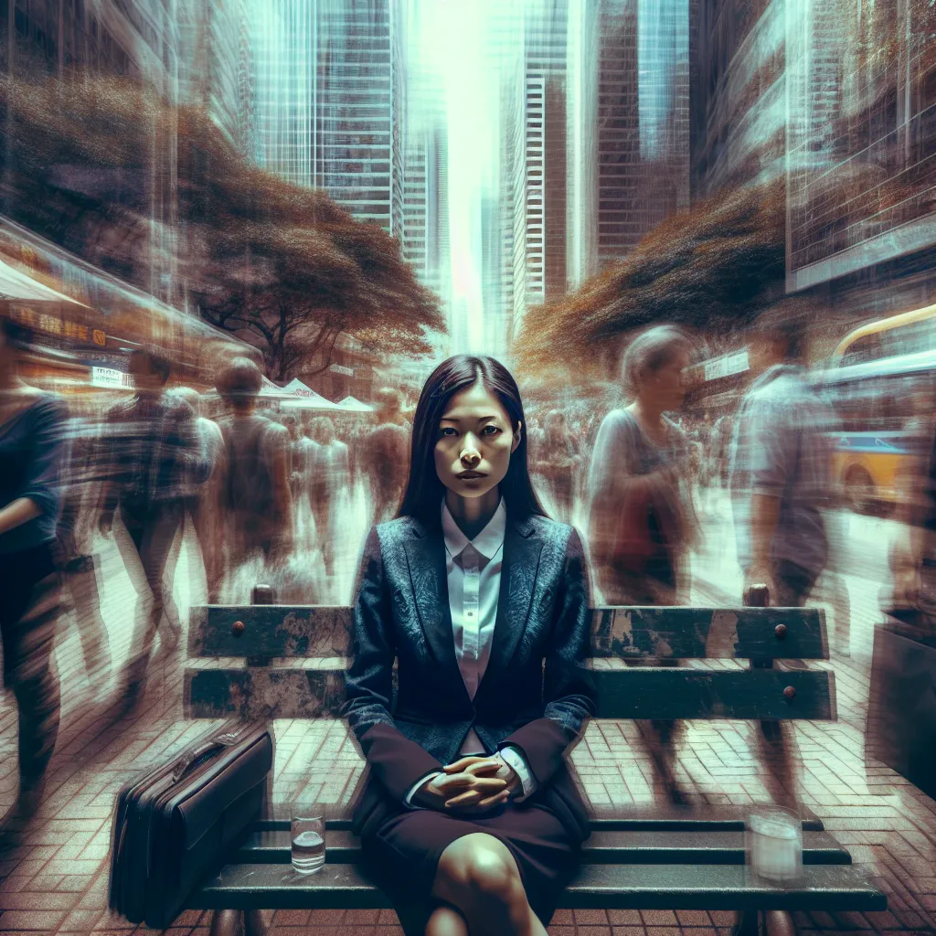 A professional woman is sitting on a bench. Her aura is so strong that it is almost visible, and her facial expressions betray a feeling of disconnection because she is overwhelmed. She feels frozen.